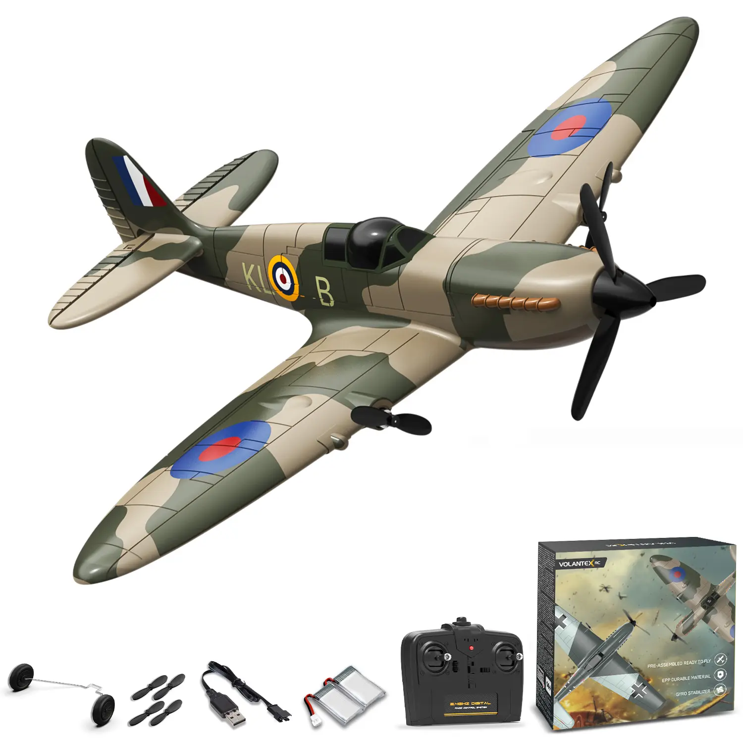 Volantexrc RC Plane Spitfire Fighter, 3-Channel Remote Controlled Aircraft with 6-Axis Gyro, 2.4GHz RTF System, 2 Batteries, Easy-to-Fly RC Airplane for Beginners (Remote Controlled Aeroplanes)