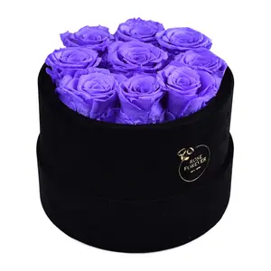 9 Lavender Roses - Black Round Velvet Box