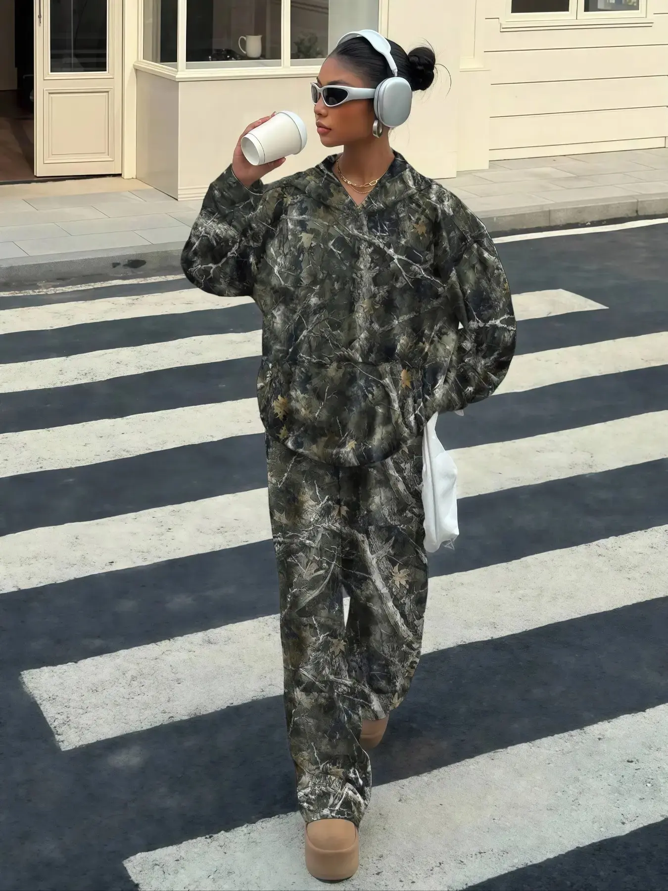 Women's Casual Fall Winter Hoodie Set, Long Sleeve, Camouflage Print, Elastic Waist Pants, Loose Fit, Thick Knit Fabric, Daily Wear, Womenswear, Knit Outfit Set, Knitted Fashion Set