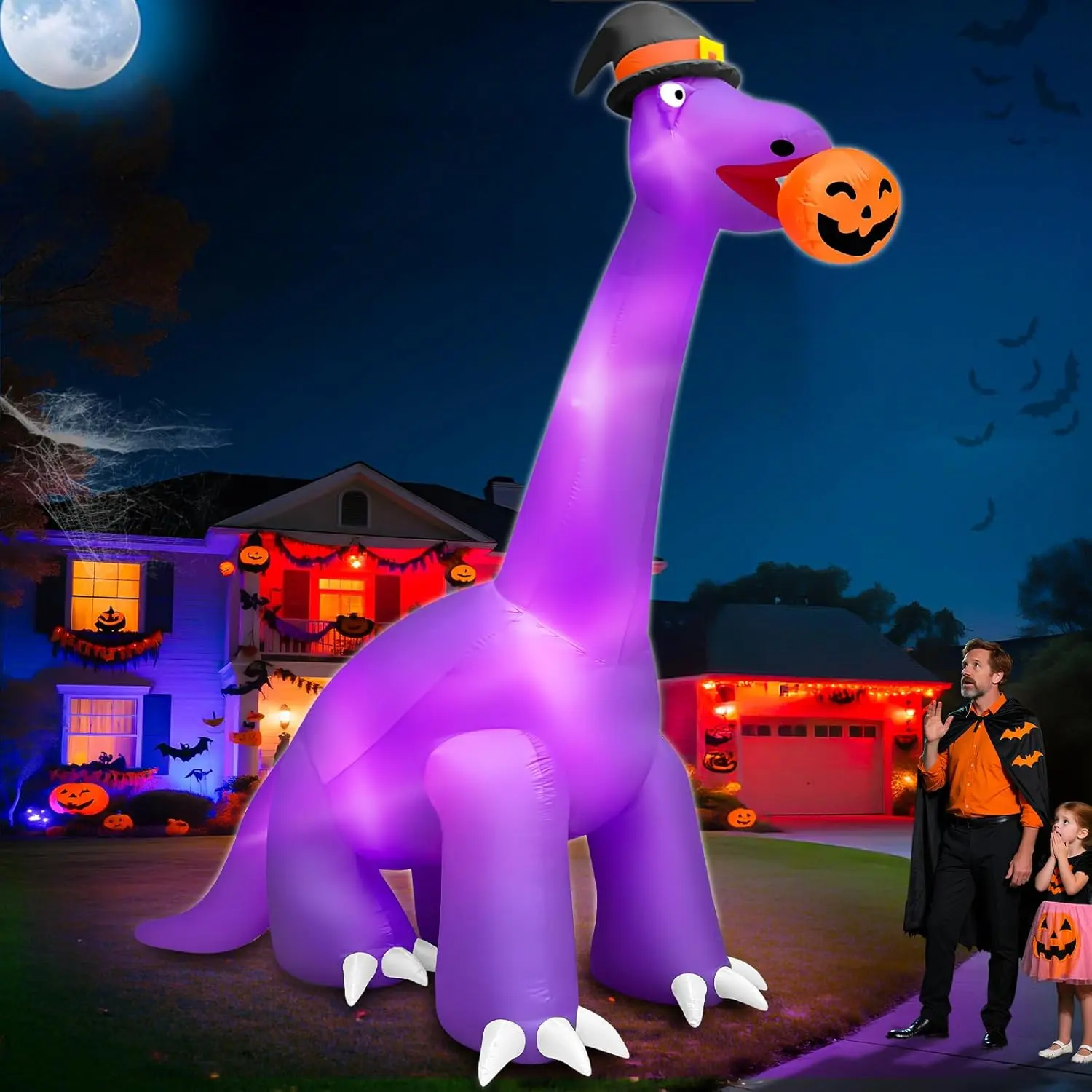 16 Ft L Giant Halloween Dinosaur Inflatables Halloween Decorations Outdoor 14 Ft Ht x 16 Ft L Blow Up Yard Decorations Huge Dinosaur Bite Pumpkin with Witch Hat Build-in LED, Lawn Party Garden Decor