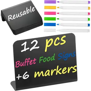 12 Pack 4"x3" Small Food Labels Mini Chalkboard Signs for Party Buffet Birthday Bakery Wedding Food Signs Tags Place Cards Message Board, Includes 6 Wet Erase Markers