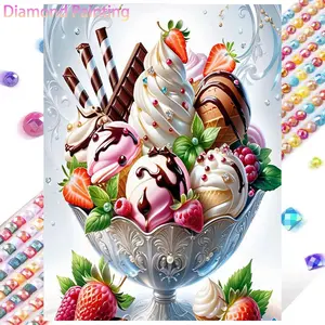 5D DIY Full Drill Round Diamond Painting - Diamond Painting Kit Ice Cream Sundae Mosaic Canvas DIY Wall Art, Home Wall Decoration