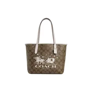 COACH City 30 Logo Tote Bag for Women – Coated Canvas and Smooth Leather, Large Khaki Handbag