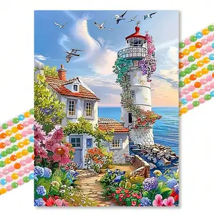 Beach Lighthouse Diamond Painting Kit, Fresh Healing Landscape Art, Round Drill 30x40cm, Home Decor DIY Supplies for Adults & Kids
