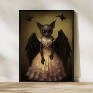 Room Decor, Dark Academia, Art Print, Gothic Bat in Dress, Spooky Artwork, Home Decor, Witchy Decor, Vintage Poster, Art Poster Print, Goth Wall Decor