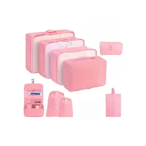 8 Set Packing Cubes with Shoe Bag Travel Luggage Organizer for Clothes Storage Fit More in Your Suitcase Pink