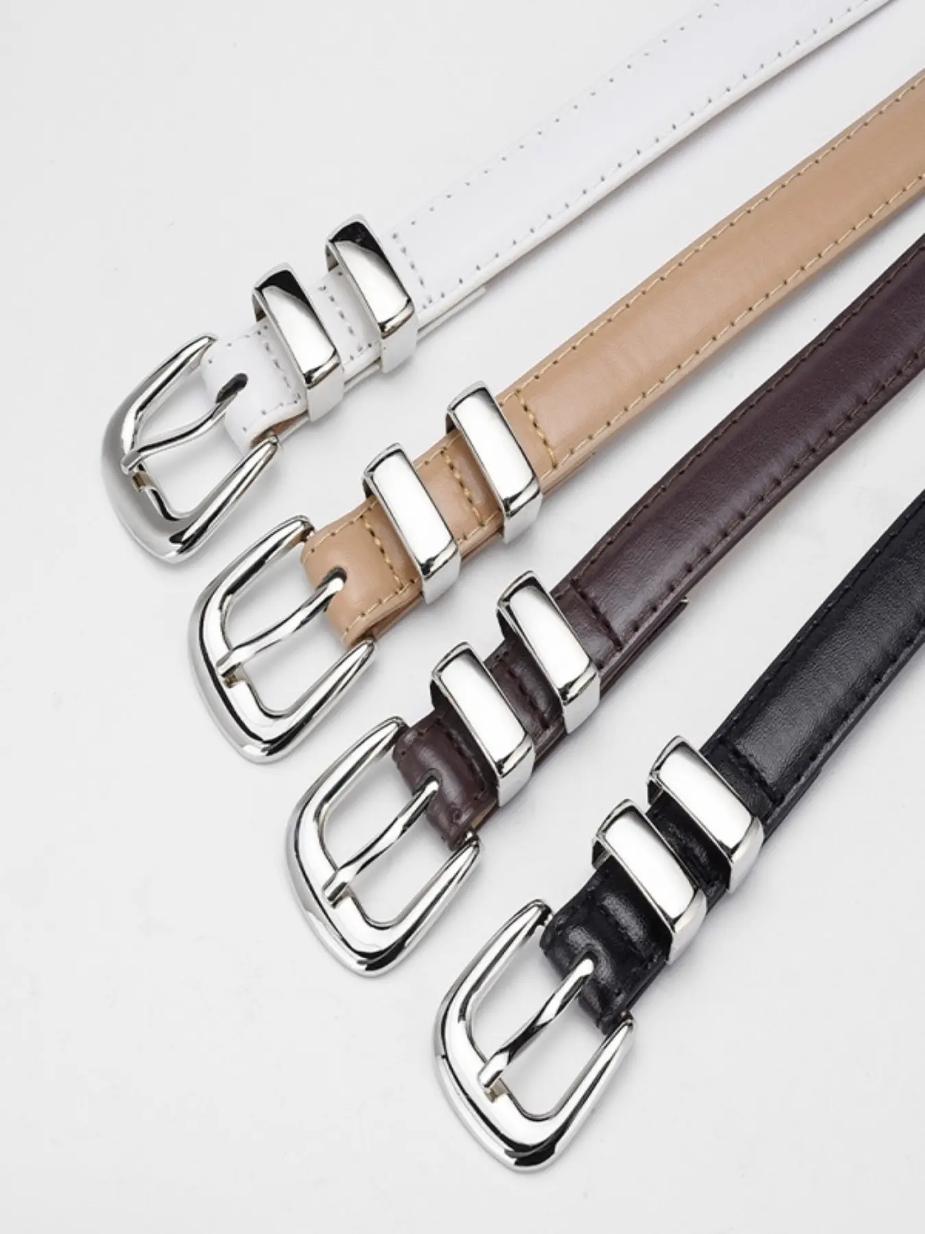 Women's Casual Waist Belt, Silver Color Buckle Decorative Thin Waistband, High-End Versatile Simple Leisure Student Youth Narrow Belt, Skinny Belts, Fashion Belt