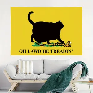 Funny "Oh Lawd He Treadin" Fat Cat Meme Print Polyester Tapestry, Machine Washable Home Decor Wall Hanging, Bedroom Dorm Room Decor (as show)