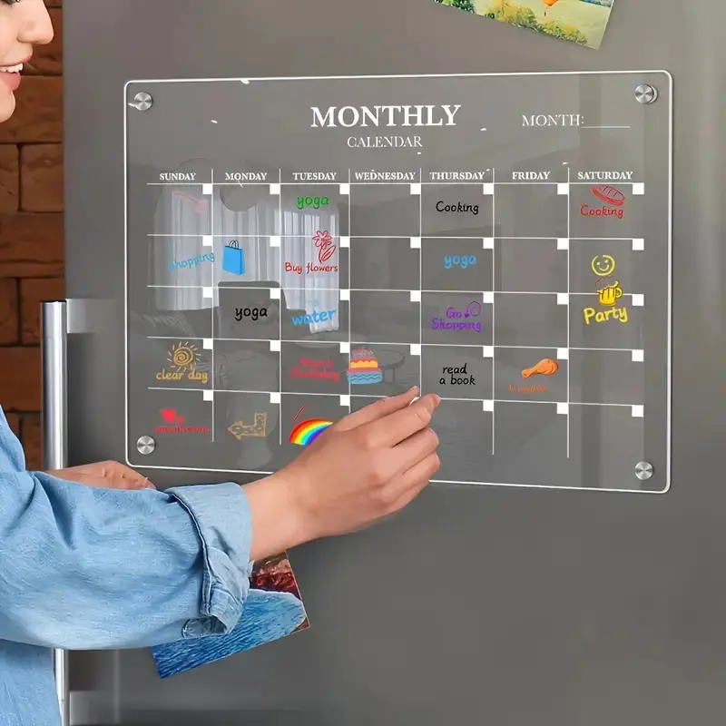Clear Acrylic Magnetic Monthly and Weekly Planner Board, Dry-Erase Refrigerator Memo Board with Colorful Markers, Reusable Daily Planner, Wall Calendar Planner, Monthly Budget Planner, Weekly Fridge Calendar, Weeks Planner, Magnetic Calendar for Fridge
