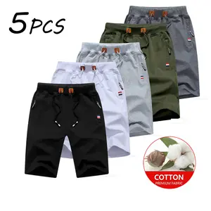 Men's Basic Loose Simple Summer Cotton Casual Bermuda Shorts - 2-Pack, 3/5 Pcs High-Quality, Adjustable Elastic Waistband With Drawstring, Striped Pockets, Leather Patch Decoration, Breathable, For Everyday Outdoor Wear