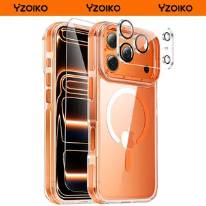 YZOIKO Strong Magnetic for iPhone 17 Pro Max/17 Pro case [with Camera Lens Protector] [10Ft Military-Grade Protection] Compatible with fit MagSafe Shockproof Slim Thin Cover case for iPhone 17 Pro Max 6.9 inch, Clear Orange