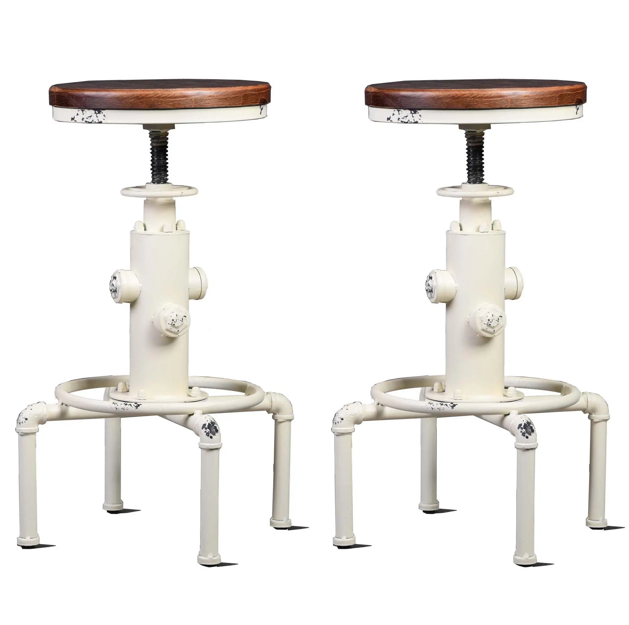 American Antique Vintage Industrial Barstool Solid Wood Water Pipe Fire Hydrant Design Cafe Bar Stool Set of 2 Antique White barstools for homegoods home bar