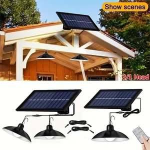Solar Pendant Light, IPX4 Waterproof, Indoor Outdoor Rechargeable 2 Solar Powered LED Bulbs Shed Light Barn Lights with Remote Control Outdoor Solar Powered Security Flood Light for Wall Porch Shed Barn Garage Garden Patio