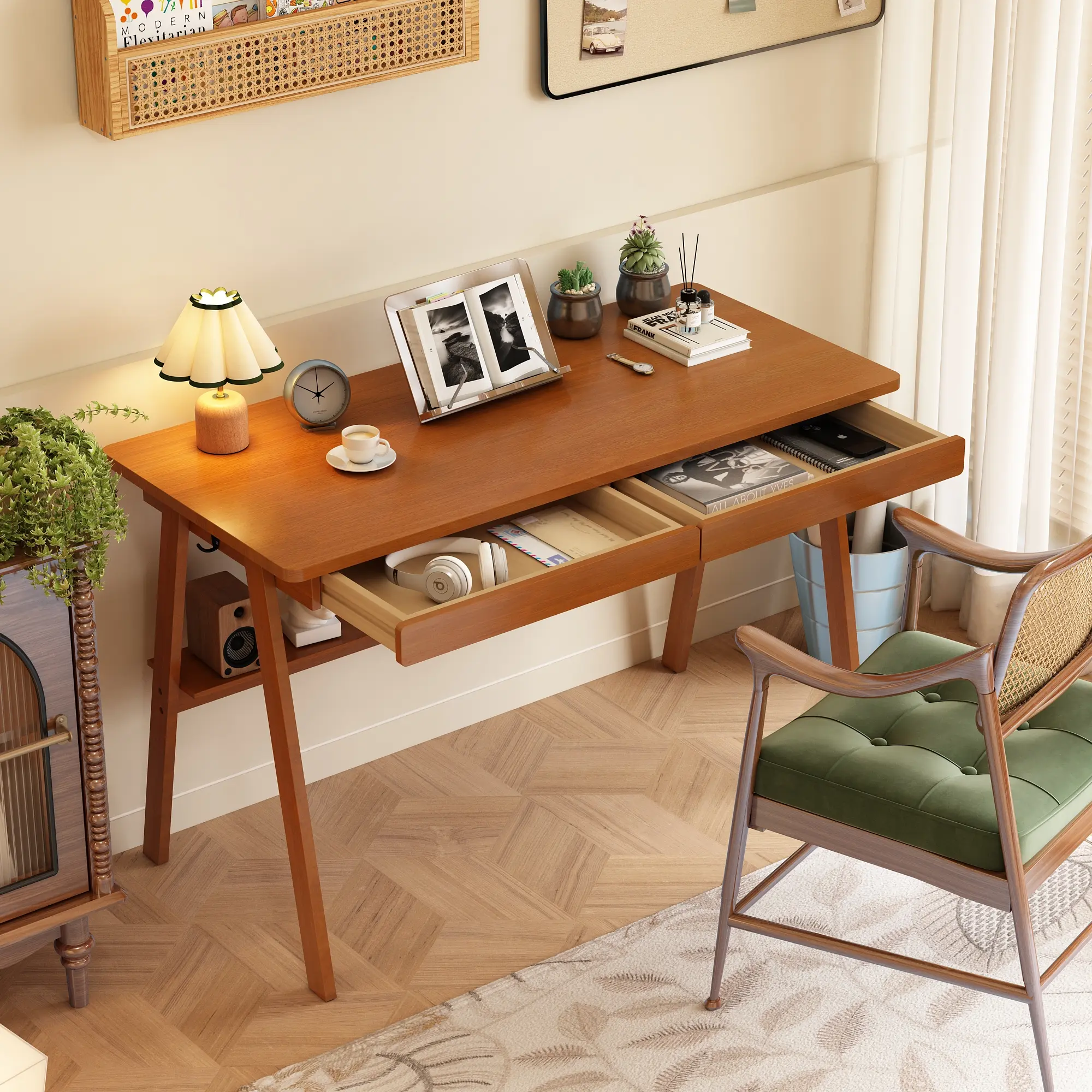 Solid Wood Desk with Drawers - Mid Century Modern Desks with Storage Shelf, Small Writing Desk for Small Spaces, Home Office Desks for Bedroom & Home, Walnut Color Home Study Table