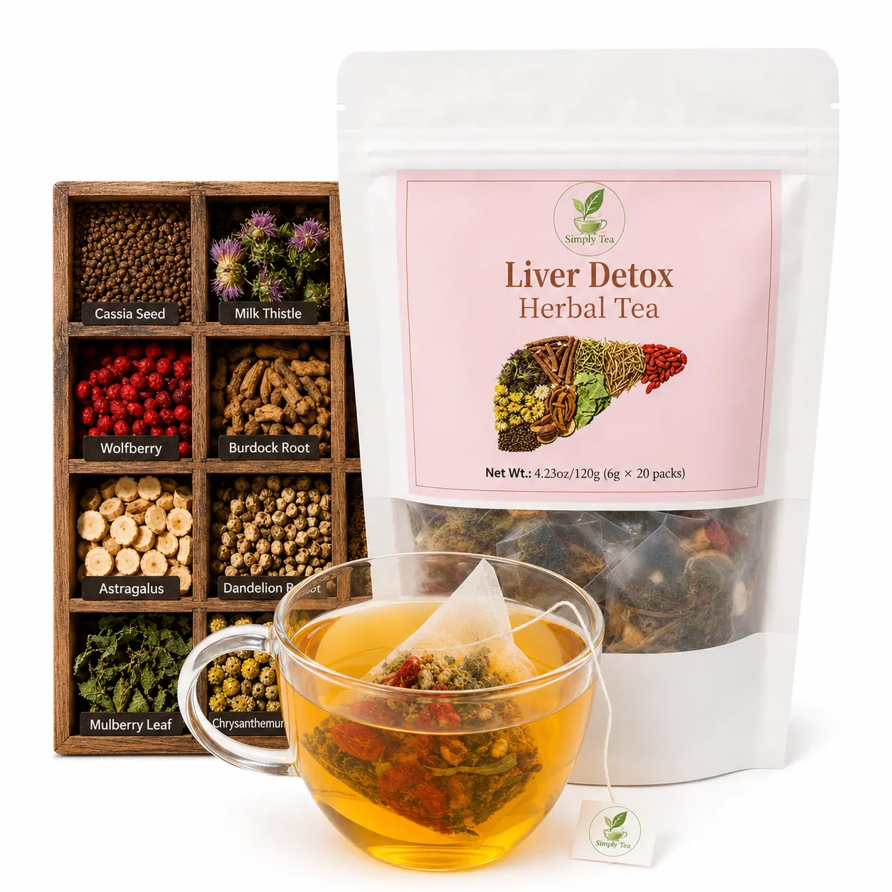 Botanical Tea Blend Herbal Tea Bags with Cassia Seed, Milk Thistle, Wolfberry, Burdock Root, Astragalus, Dandelion Root, Mulberry Leaf, Chrysanthemum, Honeysuckle for Daily Use, Antioxidant