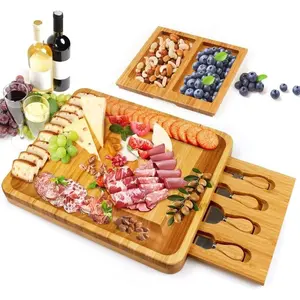 Bamboo Cheese Board with Cheese Tools, Cheese Plate Charcuterie Board Platter Set Serving Tray for Wine Cracker Brie and Meat, Large Thick Wooden Server, Fancy House Warming Gift for Gourmets