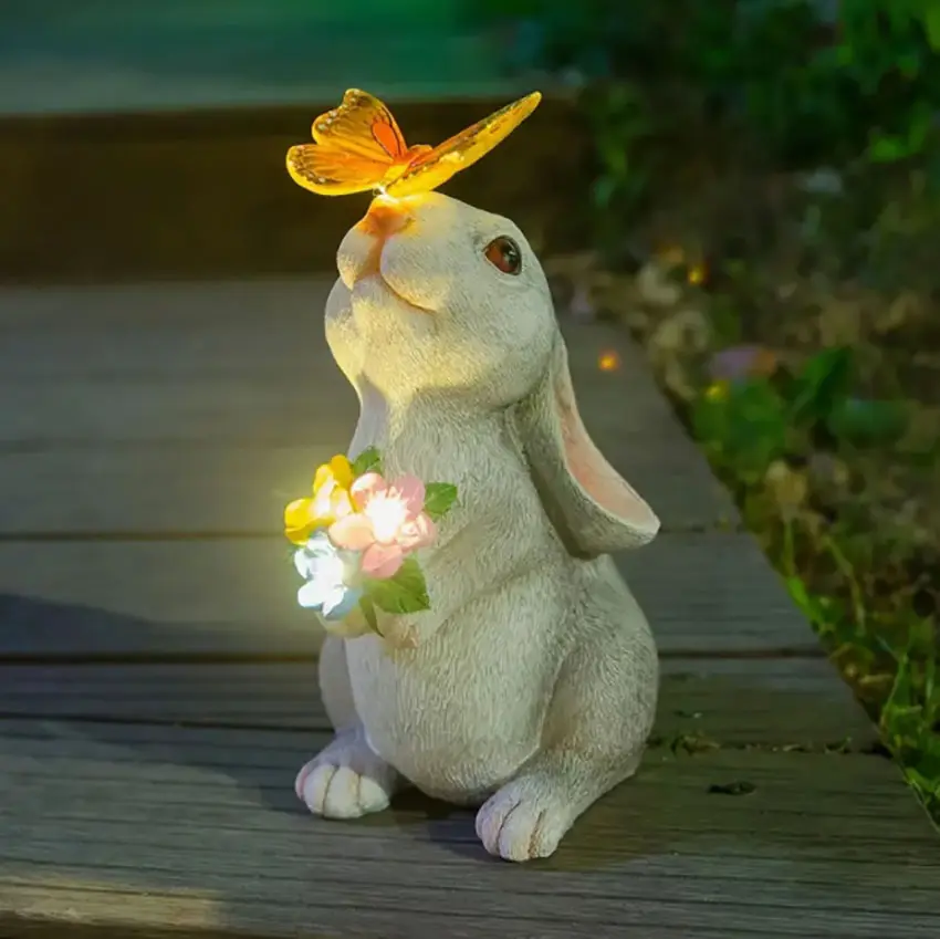 Outdoor rabbit hand-held flower statues, solar butterfly lights, resin art deco rabbit statues for gardens, lawns, yards, yard decorations, the perfect holiday gift, Mother's Day, Halloween, Christmas