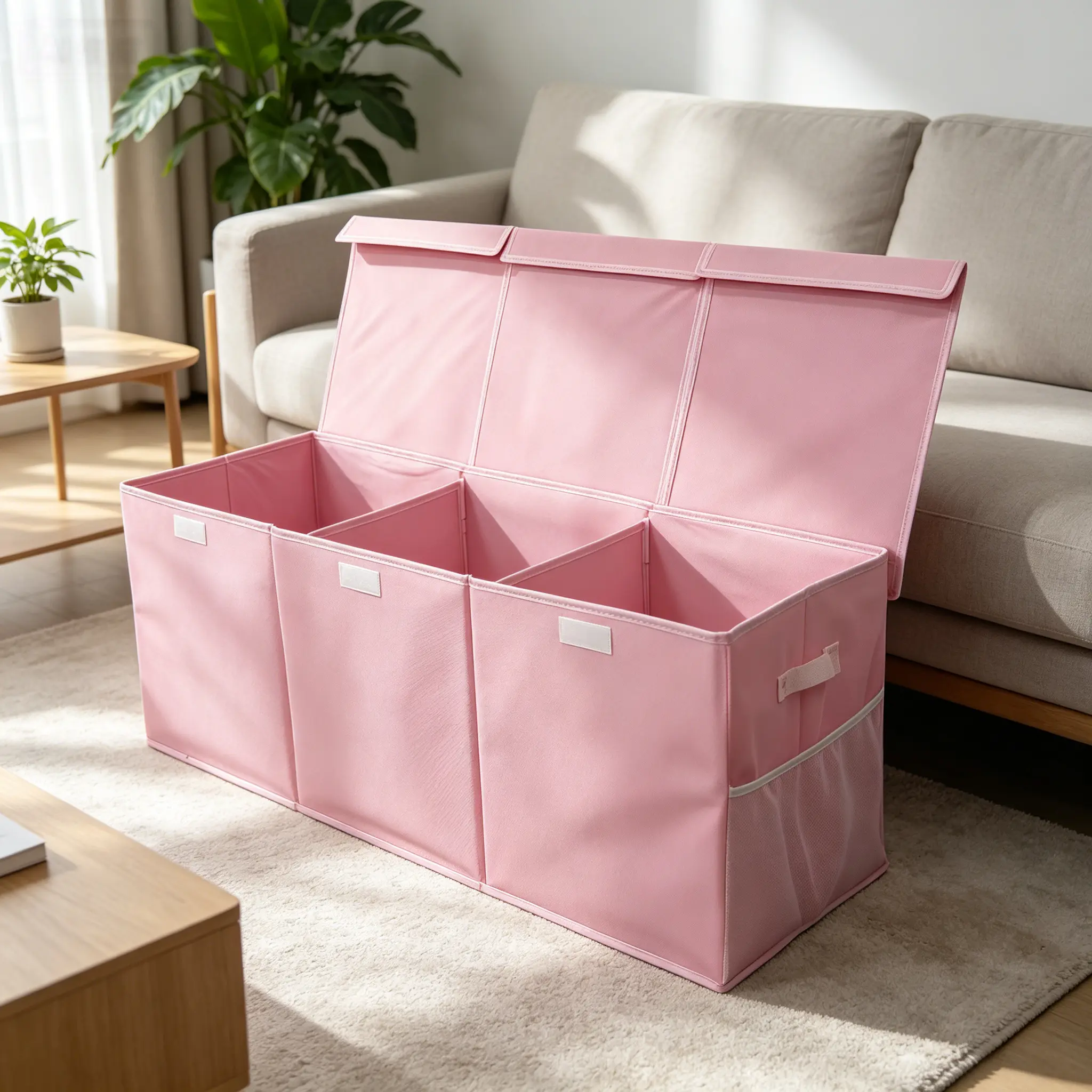 150L Rectangle Fabric Multifunctional Organizer Storage Box in Pink, Classic Compartmentalized Design, Dustproof Home Storage Bin Equipped with Lid