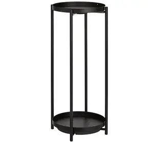 Black Round Plant Stand with Recessed Top Shelf and Secondary Bottom Shelf for Indoor and Outdoor Use - 10.39 x 10.39 x 23.2 inches