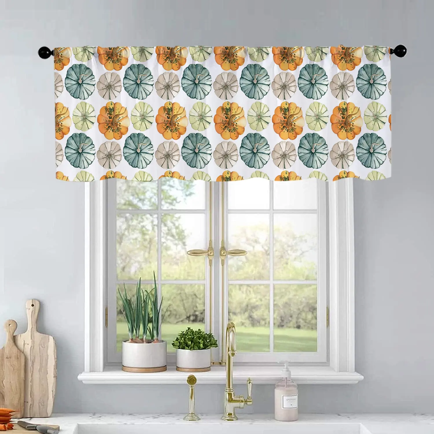 1 Pc Water Green And Orange Pumpkin Maple Leaf Autumn Thanksgiving Watercolor Printed Kitchen Curtain Short Curtain Pole Design Living Room Bedroom Bathroom Home Decor 54 x 18 Inch