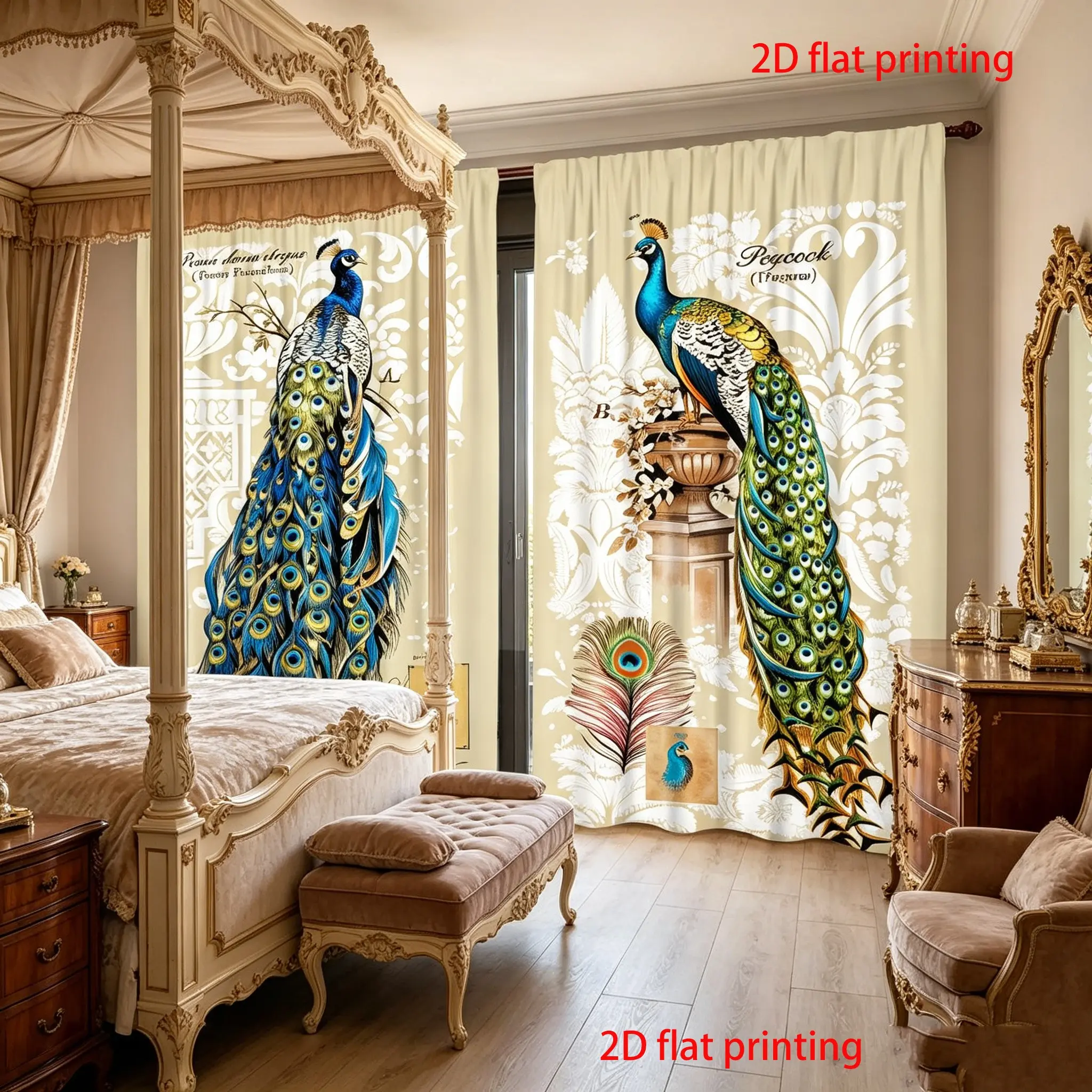 2-piece set of luxurious peacock printed curtains, European court style digital printed curtains - machine washable semi transparent polyester fiber material, pole bag design, home decorator, bedroom and living room, kitchen curtains, Window Curtain
