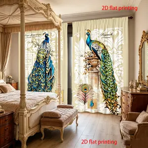 2-piece set of luxurious peacock printed curtains, European court style digital printed curtains - machine washable semi transparent polyester fiber material, pole bag design, home decorator, bedroom and living room, kitchen curtains, Window Curtain