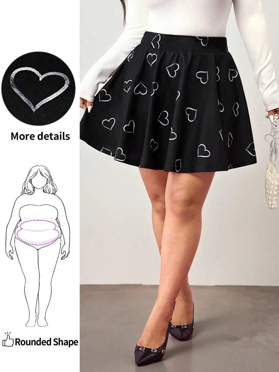 Plus Size Women's Black Heart Pattern Elastic Skirt,Cute Summer Everyday Back-To-School Valentine's Day Love Gift,For Apple & Rounded Skirt