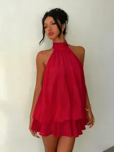 Women's American Style Halter Neck Backless Top, Double Layer Ruffle Drop Shoulder Loose Sleeveless Shirt, Casual Fashion Blouse Womenswear, Blouses Shirts Tops
