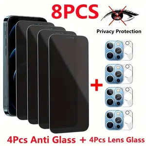 Full Coverage Privacy Tempered Glass Screen Protective, 4 Counts Anti-spy Shockproof Cellphone Screen-Protection & 4 Counts Lens Protector, Smartphone Accessories for iPhone 11 12 13 14, Cases