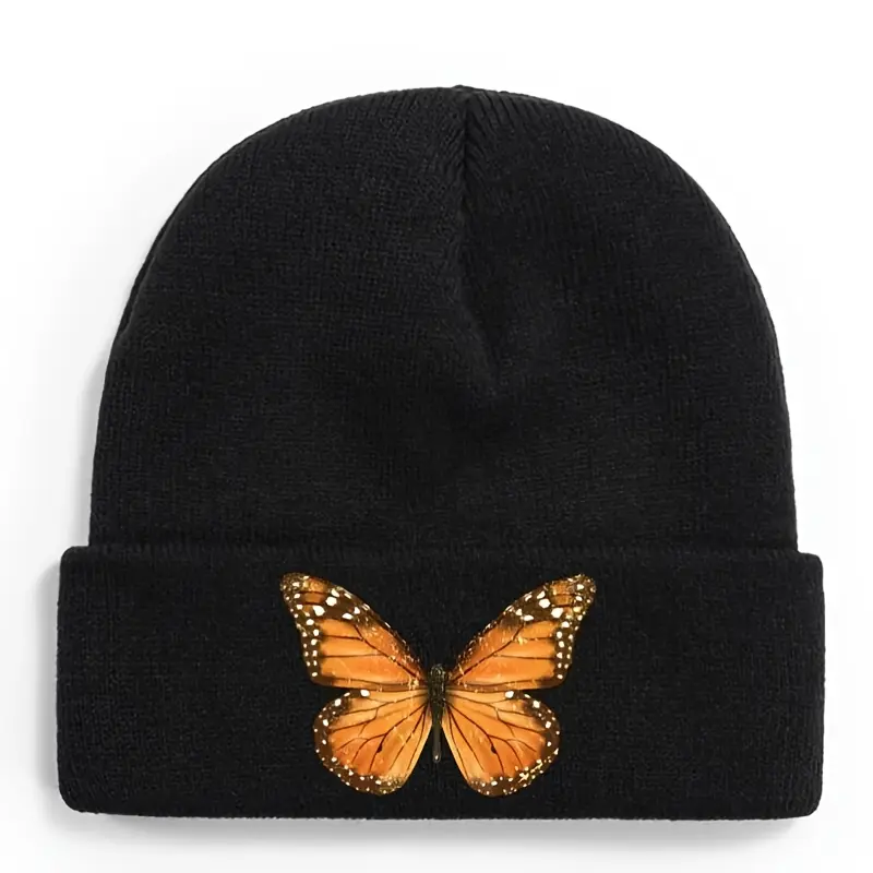 Monarch Butterfly Rolled Cuff Beanie with Gold Embellishments - Soft, Skin-Friendly, and Stretch Fit Hat for Everyday Outdoor Wear, Heat Insulating, Acrylic, Casual, Unisex, Breathable, Heat Insulate, Butterfly Motif, Head Contour Fit, Outdoor Trips