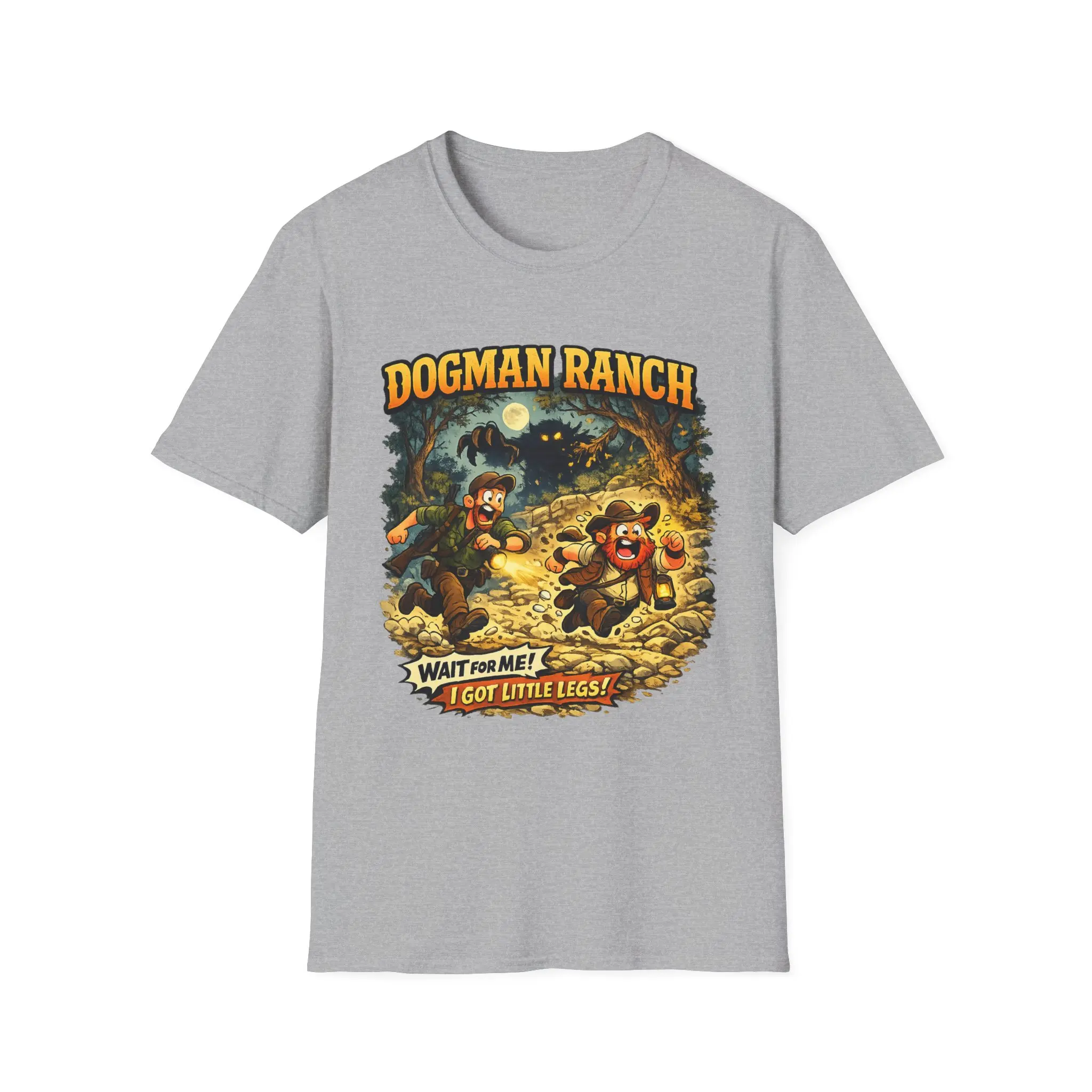 Dogman Ranch graphic T-Shirt | spooky western cartoon, moonlit forest scene