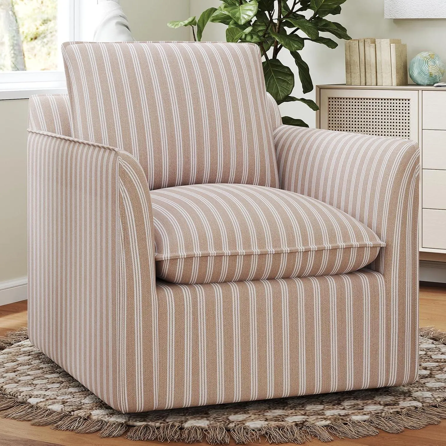 EBELLO Linen Fabric Upholstered Swivel Chair - Comfy Reading Chair, Fully Padded with Cushions, Square Silhouette, Sturdy Wooden Legs, Heavy-Duty Metal Accents, Easy Assembly, Durable Seating for Living Room, Home Office