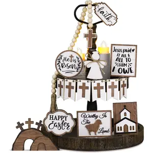 17 Pcs Easter Tiered Tray Decor Religious Easter Decorations He is Risen Christian Wooden Signs Cross Church Lamb Farmhouse Table Decor for Home Kitchen Shelf
