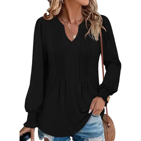 Angerella Women's Longsleeves V-Neck Pleated Blouse - Loose Fit, Body Shaping Dressy Tunic Top, Shirts for Women, Light Enough for Spring, Cozy Fall, Pairs with Shorts/Jeans/Leggings, S-3XL