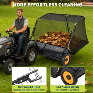 Heavy Duty 44in Pull Behind Lawn Sweeper 26 Cubic Feet Leaf Grass Sweeper Adjustable Height Waste Collector for Garden Yard Grass Cleanup