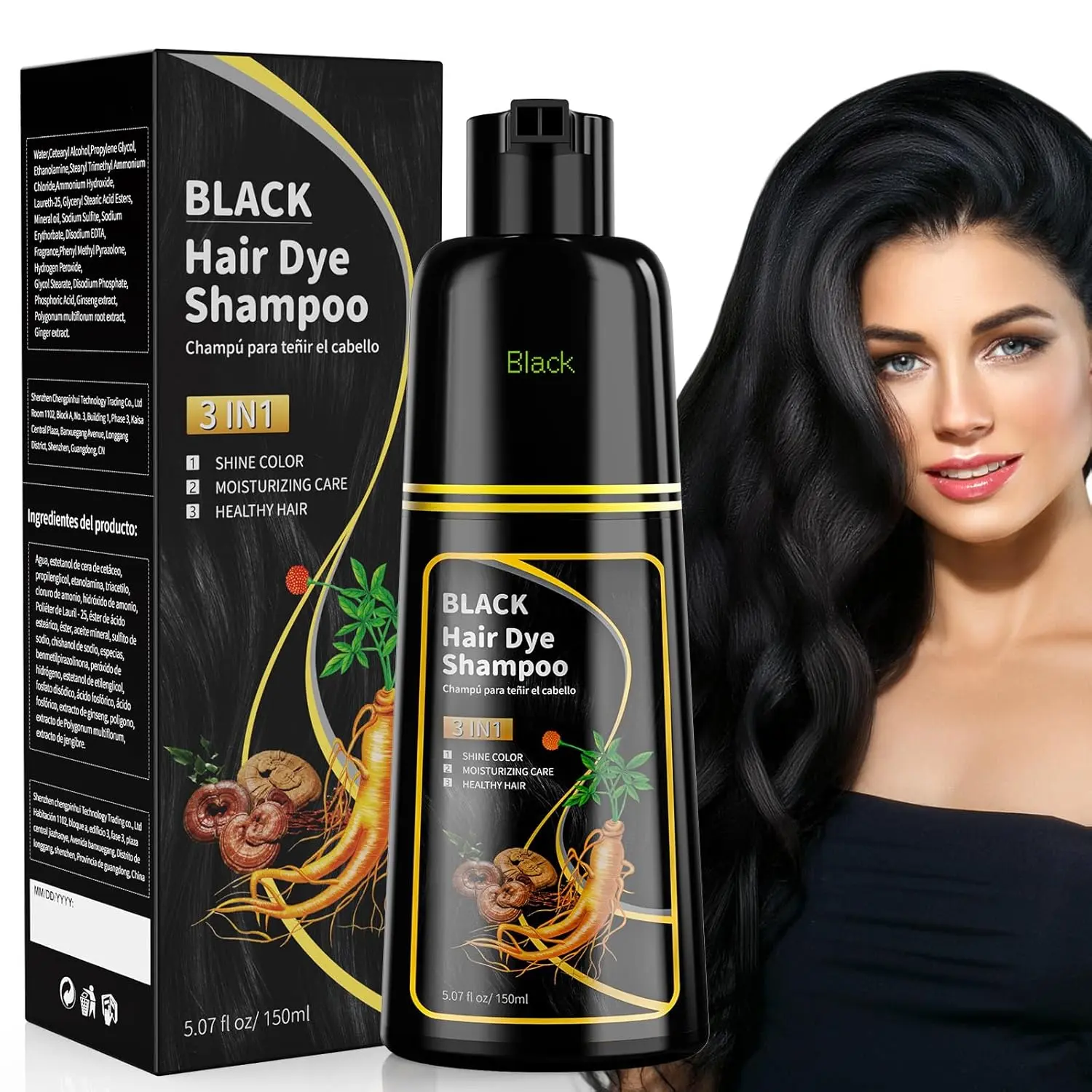 Black Hair Dye Shampoo 3 in 1, 150ML Hair Dye Shampoo for Women Men