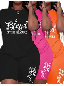 Plus Size Bold Letter Print Two-Piece Outfit -Comfortable CrewNeck Top & Fashionable Shorts Set -Trendy Casual Wear ForCurvy Women