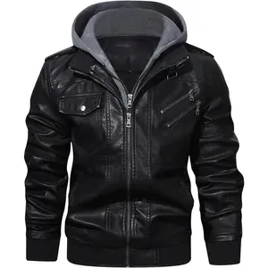 Men��s Casual Stand Collar PU Faux Leather Zip-Up Motorcycle Bomber Jacket With a Removable Hood