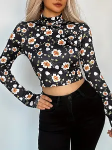 Floral Print High Collar Top, Long Sleeve One Piece T-shirt, Women's Clothing for all Seasons-XSY713
