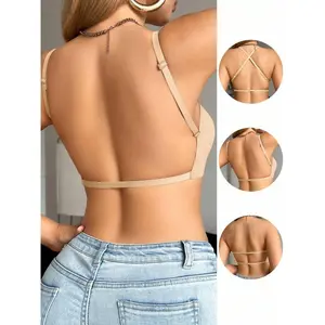 Women's Minimalist Solid Deep V Thin Strap Bra, Wire-Free Comfort for Everyday Wear