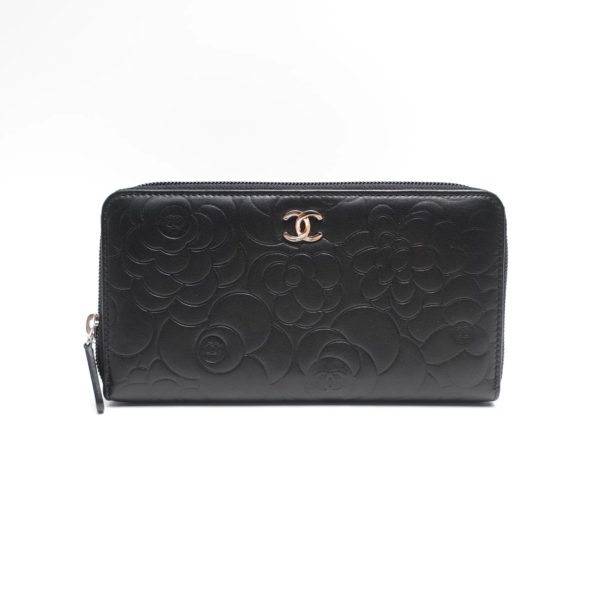Pre-owned CHANEL lambskin leather Small Leather Goods Camella Black Wallet T10439802
