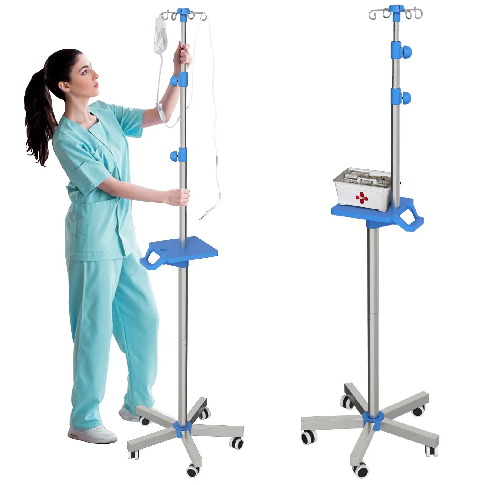 Joxpring Sturdy Metal Mobile IV Support - 7x9 in Tray, 4 Hooks, 8 L Capacity, 52-71 in Height Adjustable Salon Equipment with Wheels for Functional Clinic/Home Use