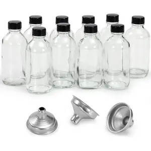 10 Pack 4oz 120ml Small Clear Leakproof Glass Bottles with Lids & 3 Stainless Steel Funnels Boston Round Sample Bottles for Juice Ginger Shot Oils Whiskey Liquids Travel Bottle
