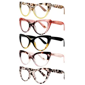 5 Pack Fashion Cat Eye Reading Glasses for Women Blue Light Blocking Oversized Spring Hinges Computer Readers Plastic Material Comfortable & Stylish