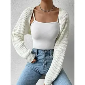 Women's Solid Raglan Sleeve Crop Cardigan Without Camisole, Casual Long Sleeve Knitwear for Spring & Fall, Women's Clothing for Daily Wear?Everyday