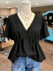 Plus Size Women's V-Neck Shirt Blouse, Lace Trim Neckline, Casual Chic Slim Fit, Short Sleeve, Perfect for Spring Summer, Versatile Top