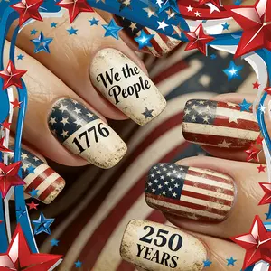 72Pcs We The People 250th Anniversary Press on Nails Short Square, Reusable Glossy Full Cover Acrylic Fake Nails with Adhesive Tabs, Easy to Apply Patriotic Holiday Gift for Women Girls Independence Day 250 Years Celebration Manicure Decorations