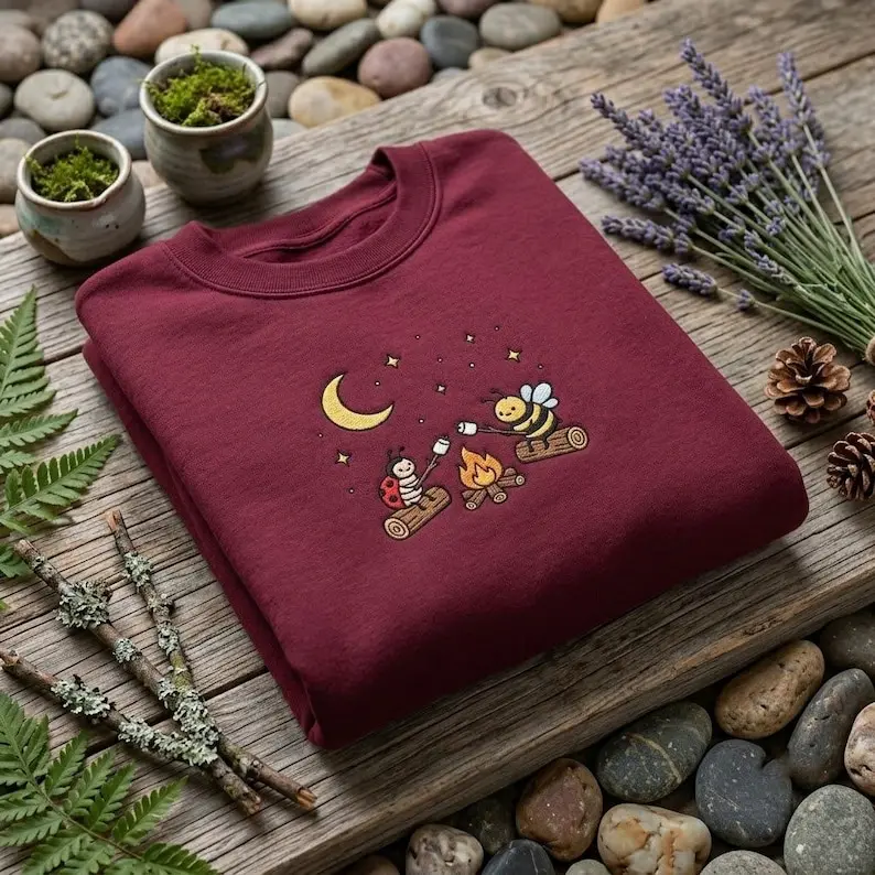 Nature Lover Embroidered Sweatshirt, Camping Bee Ladybug Campfire Crewneck, Cute Woodland Outdoor Apparel Gift