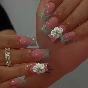 Medium Square Green French Press On Nails – 3D Flower Embossed Design, Glossy Full Cover Acrylic Fake Nails for Women 24 Pcs