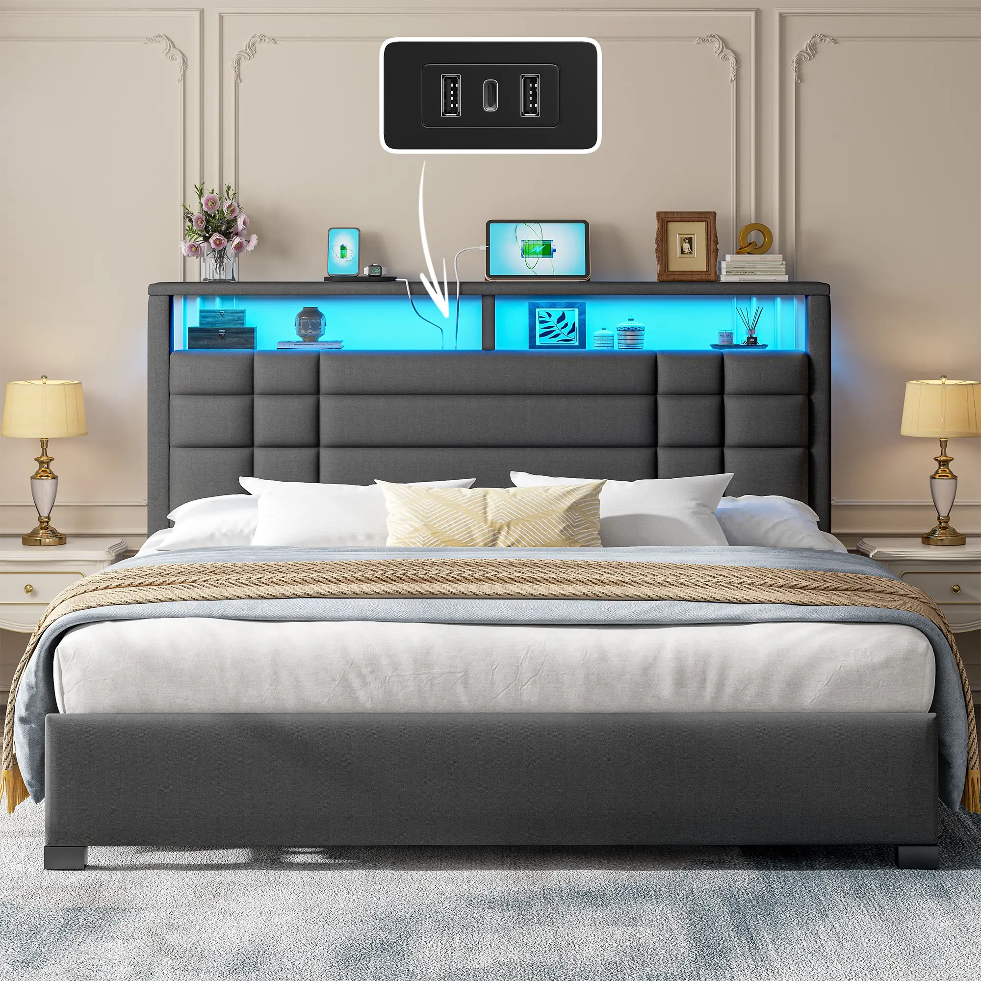 Raybee Furniture Luxury Bed Frames with Headboard & 2 Storage Shelves, Upholstered Bed Frame with LED & USB Ports for Full Queen King, Modern Bedroom